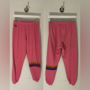 AVIATOR NATION WOMEN’S 5 STRIPE RAINBOW STICHTED SWEATPANTS IN PARIS PINK